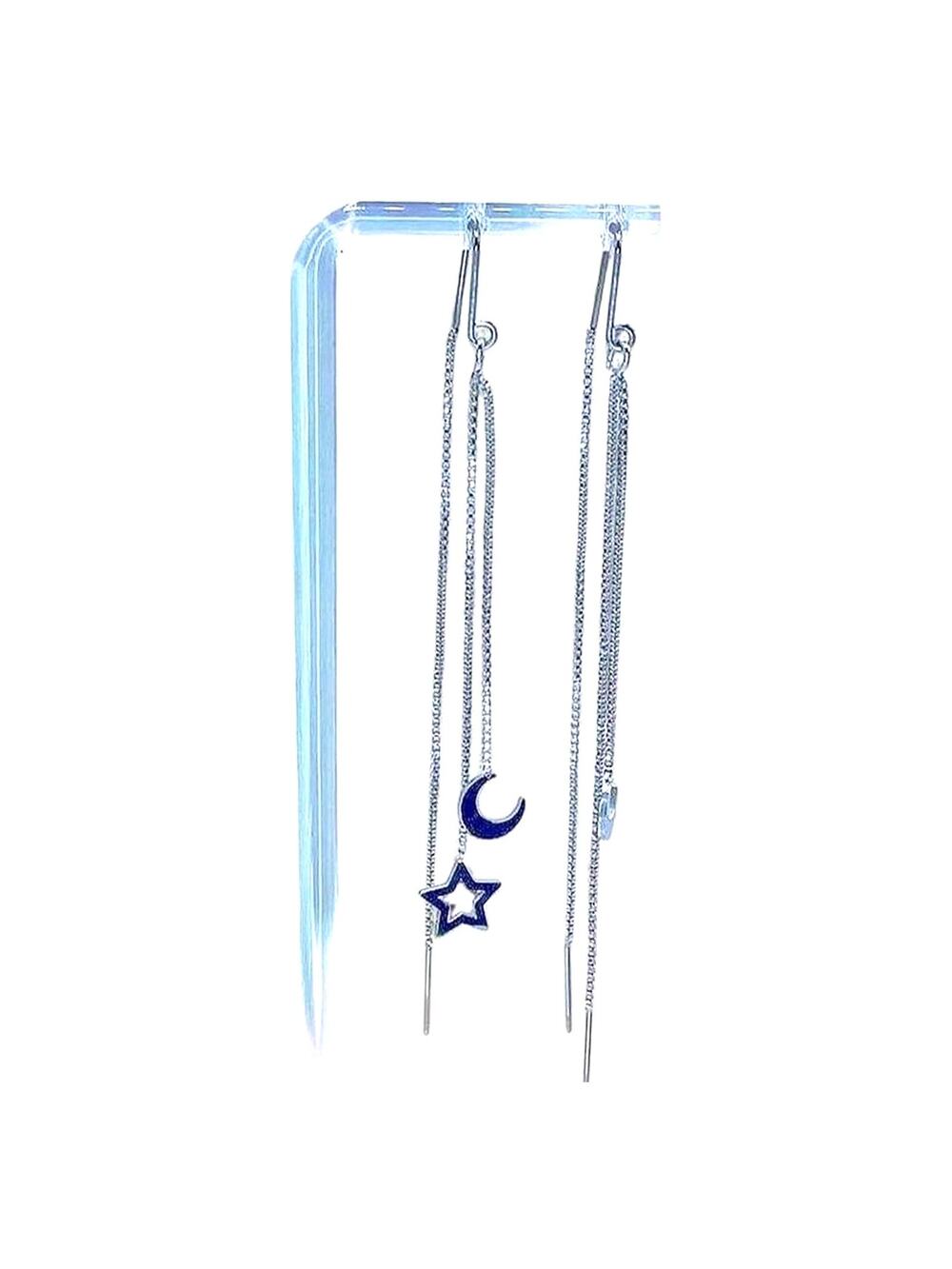 Star Moon Celestial Stellar Long Dangle Thread Chain Earrings Kawaii Whimsygoth